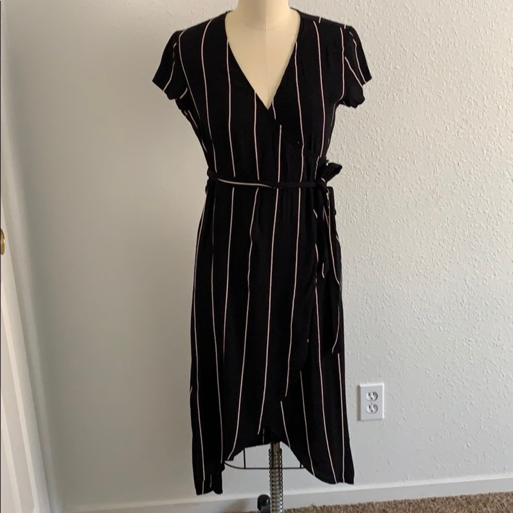 LOFT pinstriped wrap midi dress